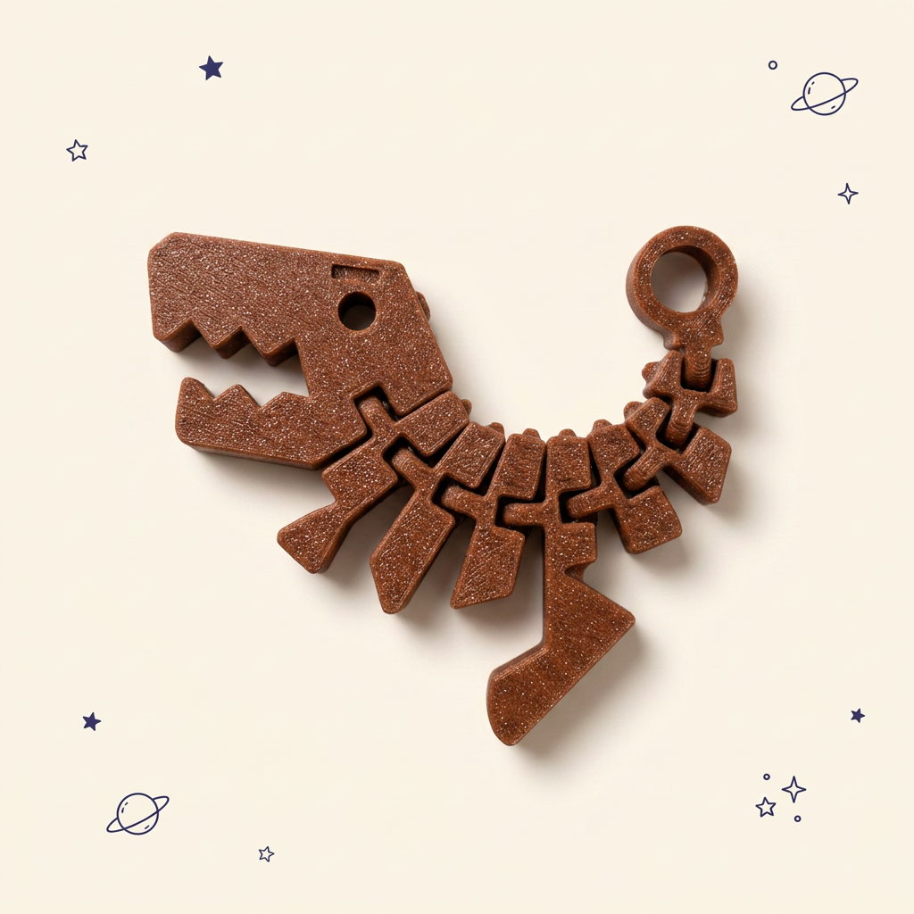 Gantungan kunci dino 3D print articulated custom — sendi bisa digerakkan, warna coklat